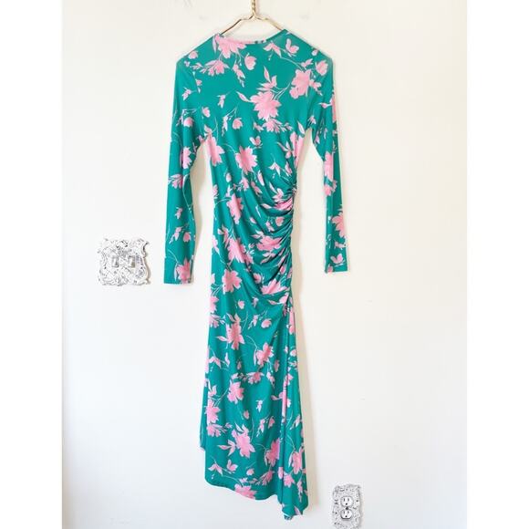 ASOS Turquoise Green and Pink Floral Ruched Ruffle Midi Dress 4 - Picture 7 of 8